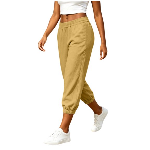 HKYNLAG Womens Linen Capris Petite Pull On Elastic Drawstring Waist Casual Summer Jogger Pants with Pockets Lightweight Lounge Pants Yellow M