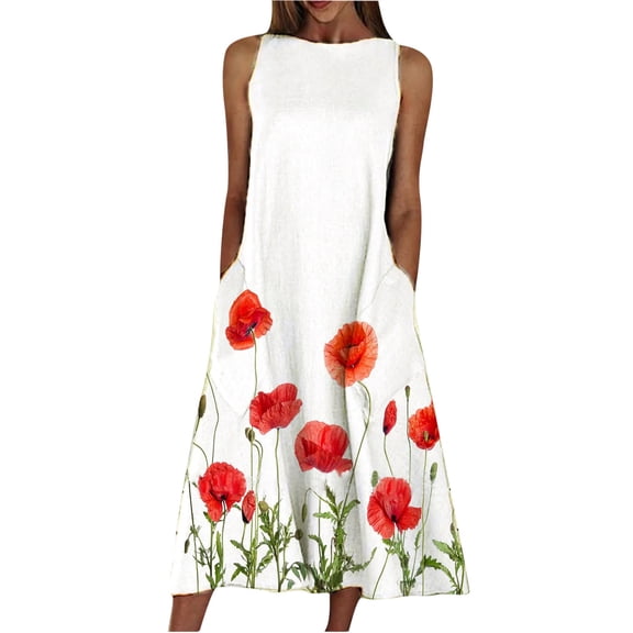 JINMGG Summer Dresses for Women under $10,Fashion Women Prints Comfy Summer O-Neck Ladies Pockets Sleeveless Dress