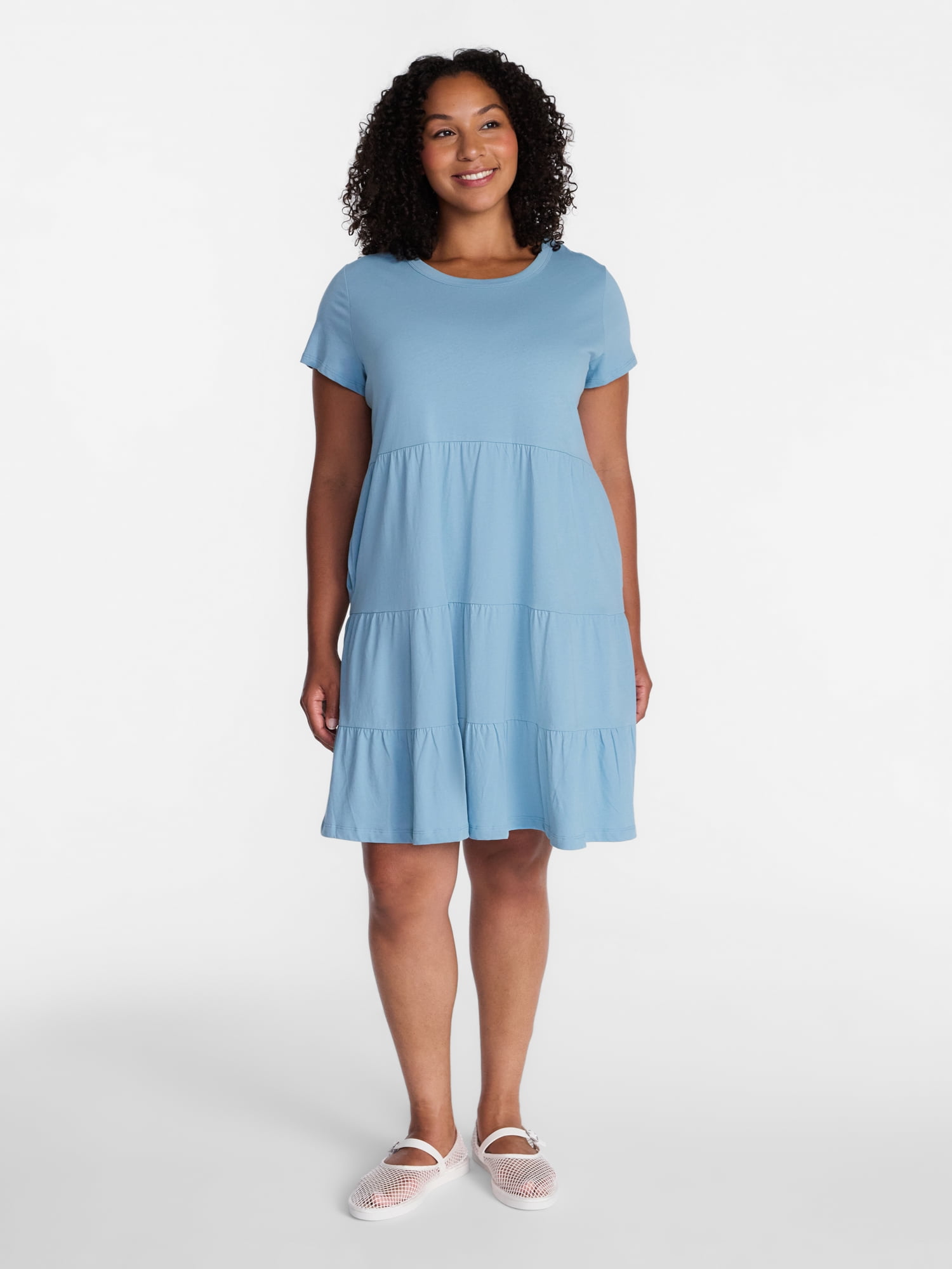 Time and Tru Women's and Women's Plus Size Tiered Cotton Dress with Short Sleeves, Sizes XS-4X