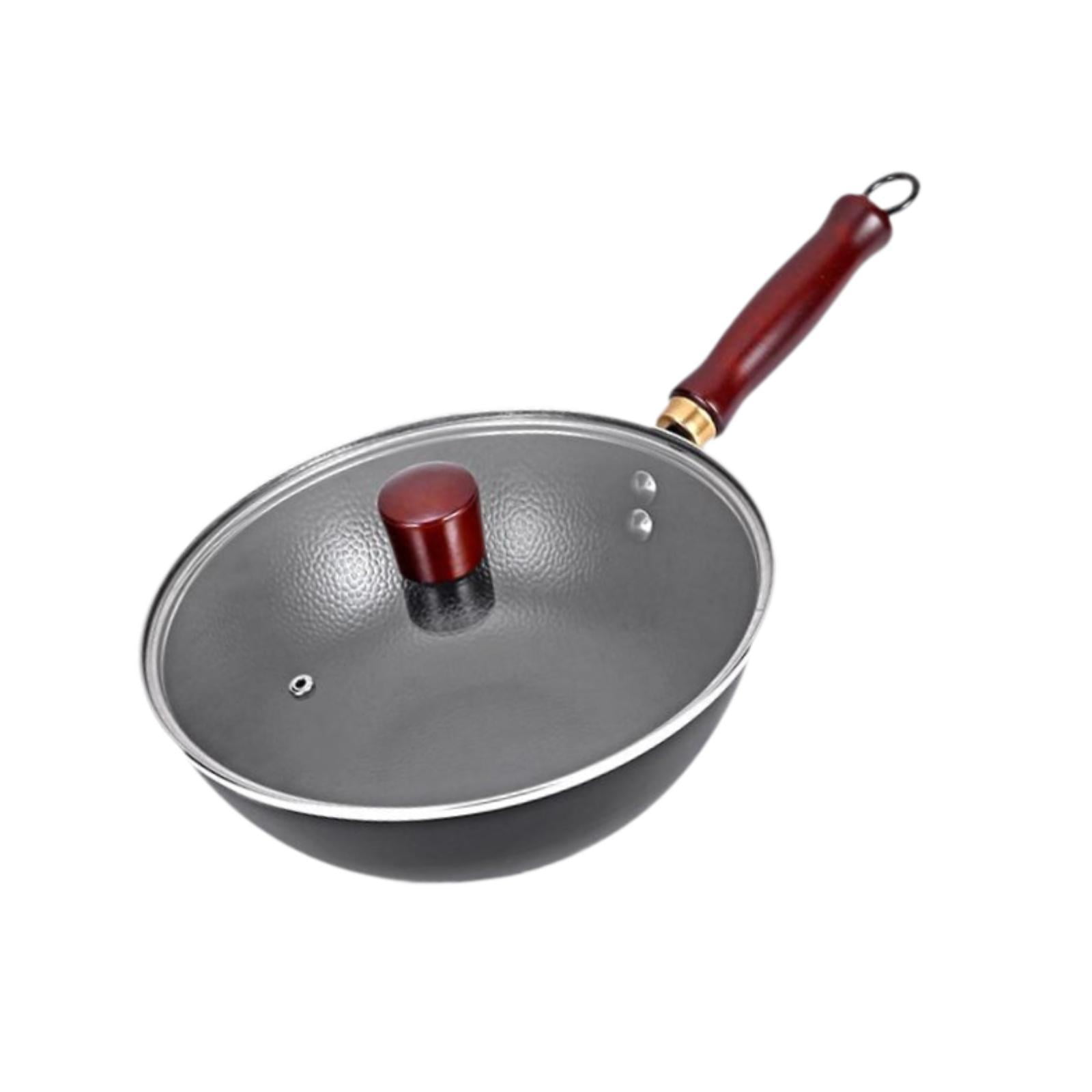 Fiocias Iron Wok Nonstick Pot Easy to Clean Wooden Handle Rustproof Kitchen Round Bottom With Lid