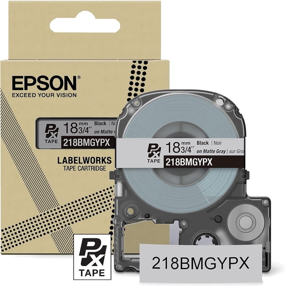 Epson LABELWORKS 218BMGYPX - Black on Matte Light Gray PET Label Maker Tape - 3/4" (18MM) Wide, 26'
