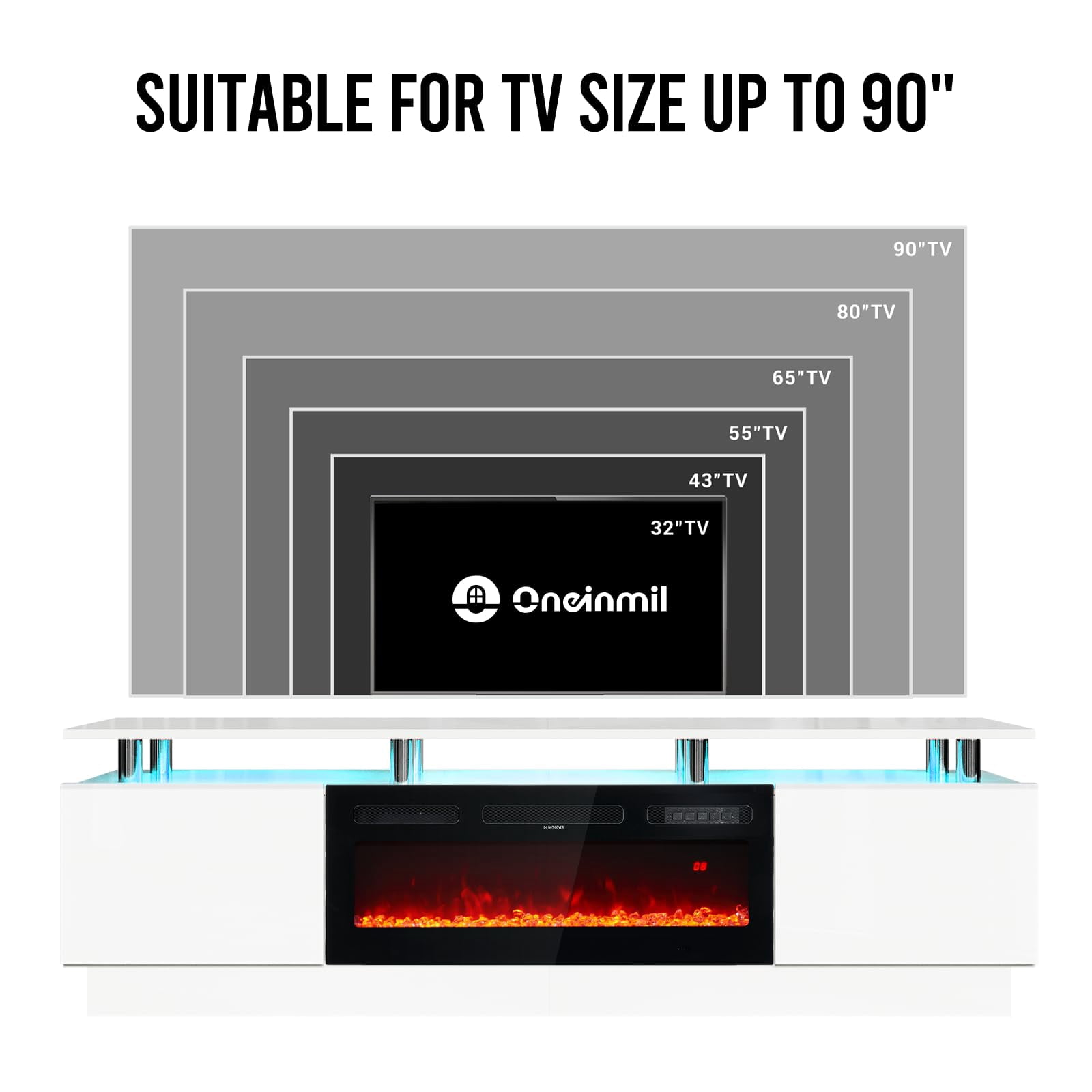 Oneinmil Fireplace TV Stand with 36” Electric Fireplace, Entertainment Center for TVs up to 90", LED Lights Entertainment Center, TV Console, White