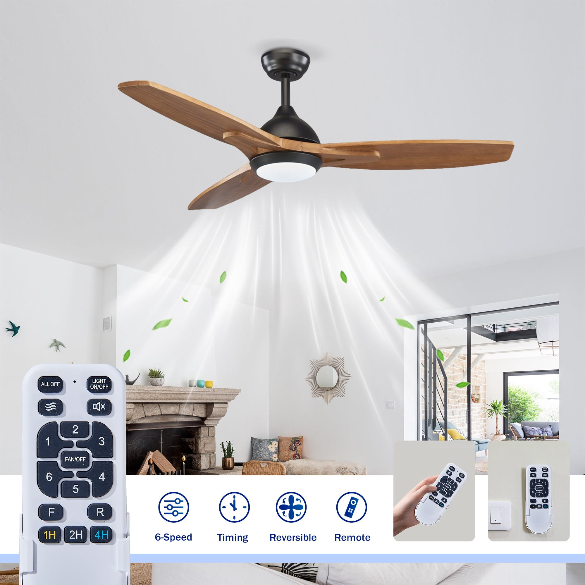 Leumius 52" Ceiling Fan with Lights Quiet DC Motor Ceiling Fans 6 Speed Levels,Reversible Ceiling Fan for Patio Living Room Bedroom Black