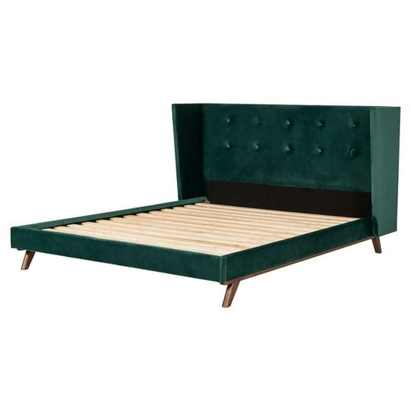 Pemberly Row 85x88" Modern Fabric Upholstered Eastern King Bed - Green/Walnut