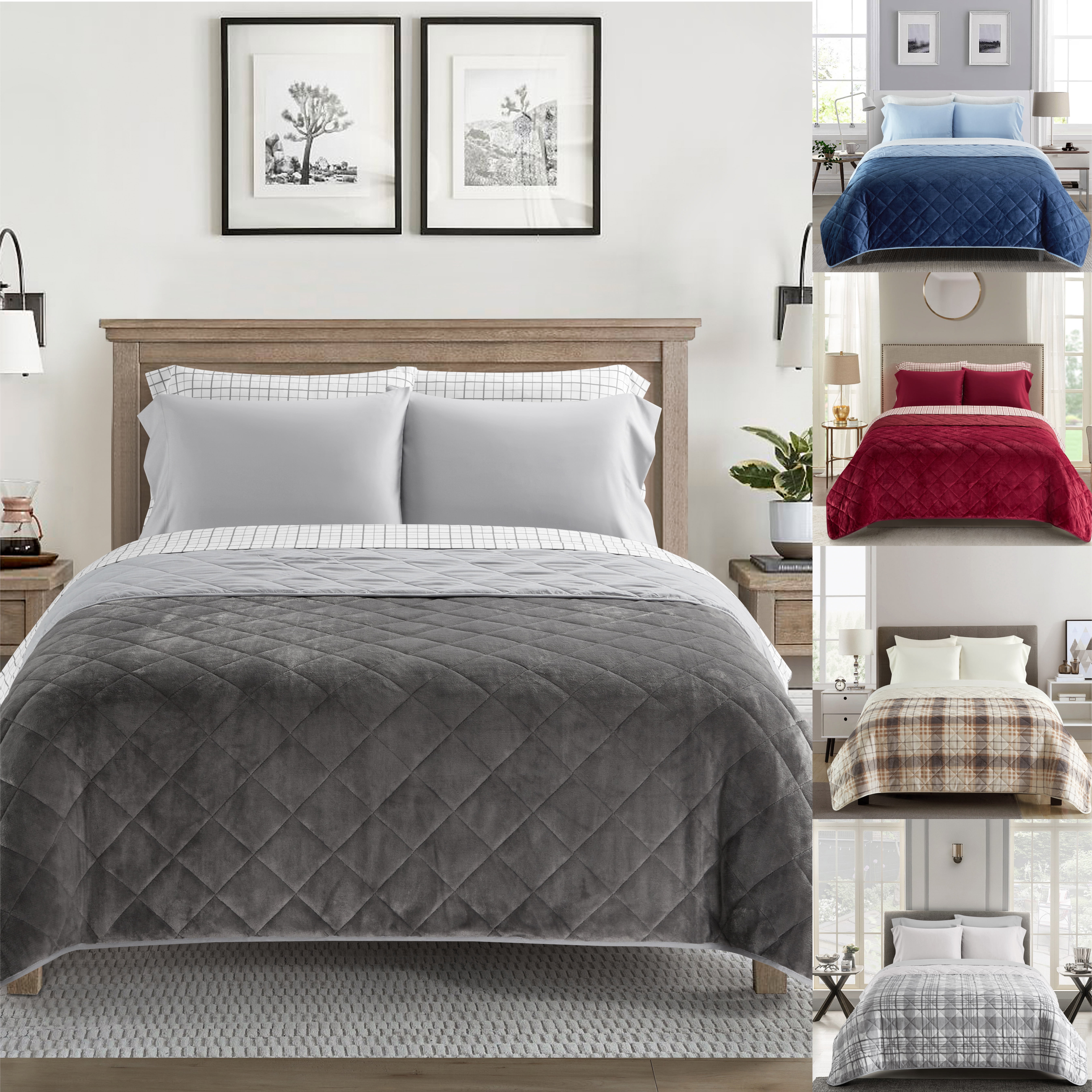 Dearfoams Grey Velvet Plush 7 Piece Quilt Bedding Set with Polyester Sheets, Full