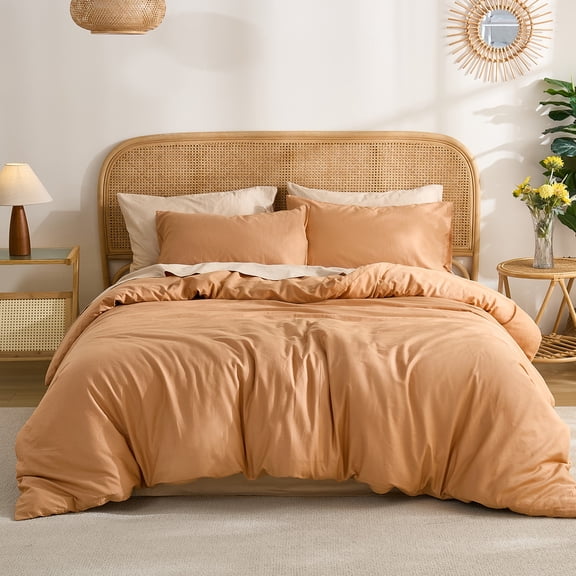 100% Washed Cotton Duvet Cover –Burnt orange, Linen-Like Texture, Super Soft & Breathable Bedding Set, 3-Piece Durable Percale Comforter Cover