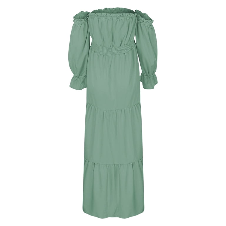 Conairie Maternity Dress for Baby Shower Photoshoot Pregnancy Summer Midi Dress off Shoulder Long Sleeve Elegant Flowy Wedding Dress Light Green L