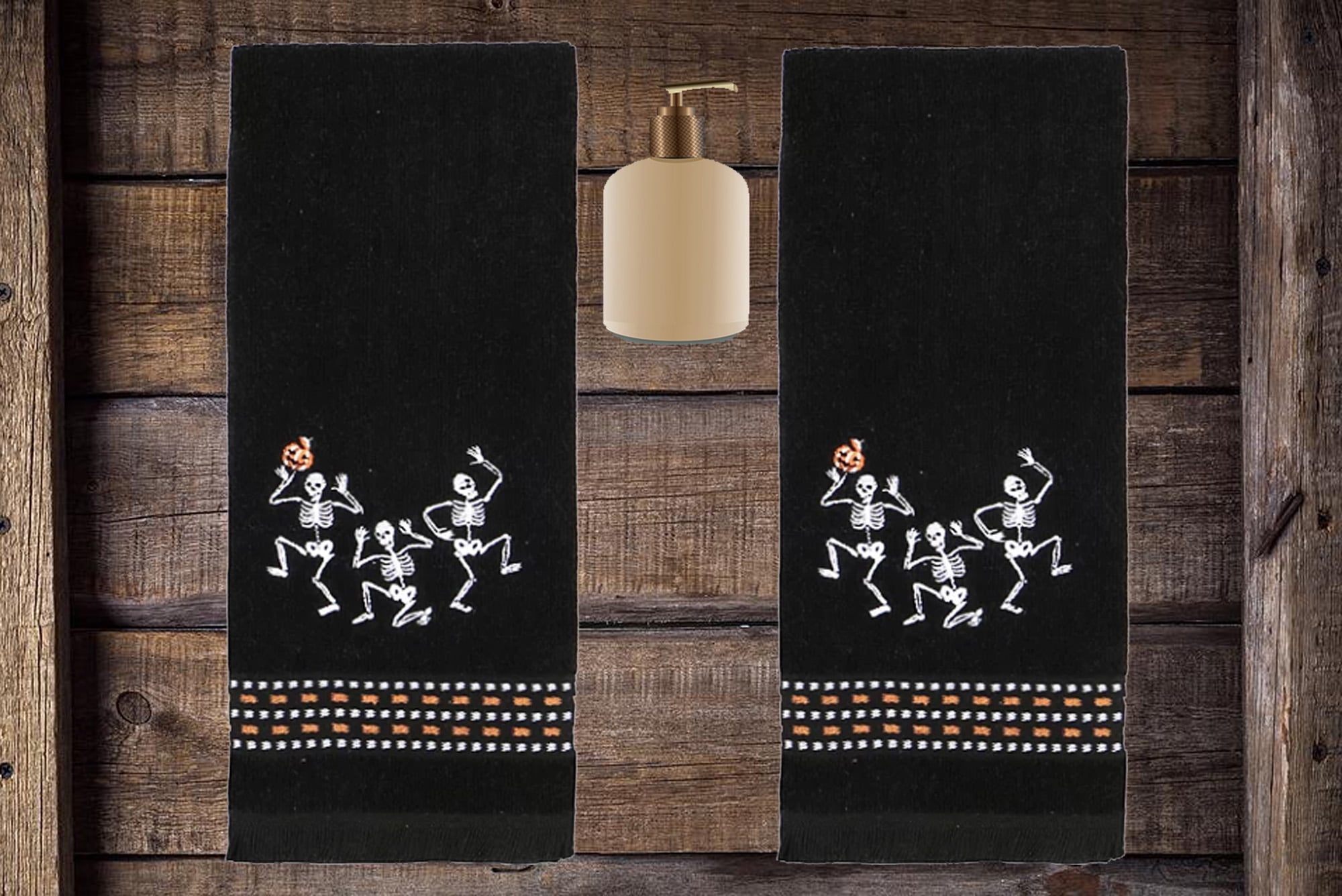 Celebrate Halloween Towels, Black Bath Hand Towel 2 Pack Set Embroidered Skeleton Trio Bathroom