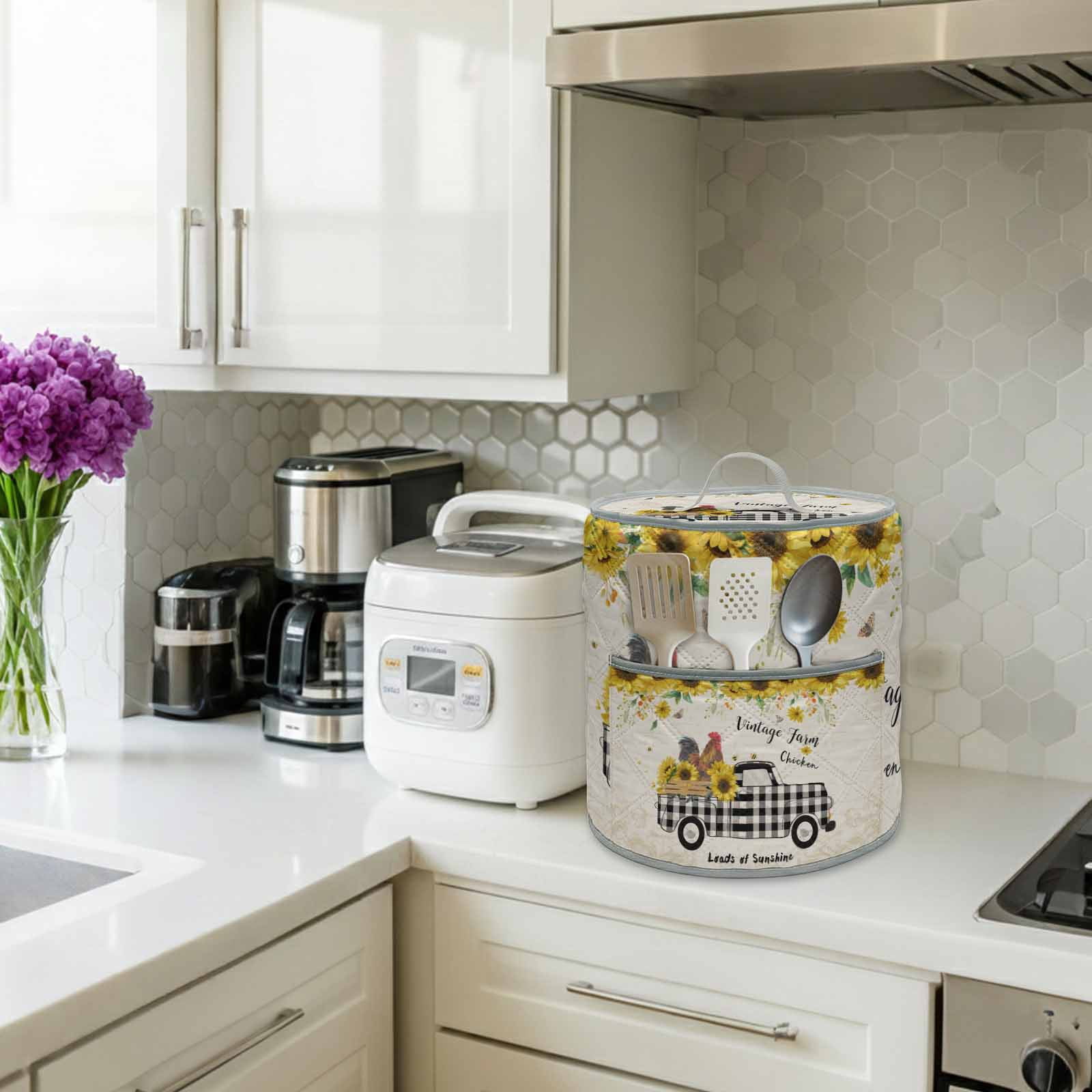Chicken Truck Sunflower Rice Cooker Cover 6 Quart Vintage Farm Loads of Sunshine Pressure Cooker Cover Appliance Protector Dust Case with Pocket and Handle for Kitchen