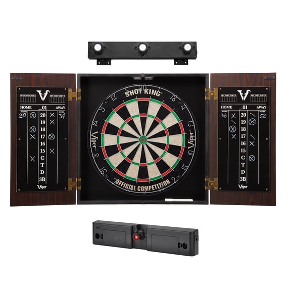 Viper Stadium Dartboard Cabinet with Shot King Sisal Dartboard Viper Light Throw/Toe Line Marker (Steel and Soft Tip Darts) Viper Shadow Buster Dartboard Cabinet Mounted Display Light