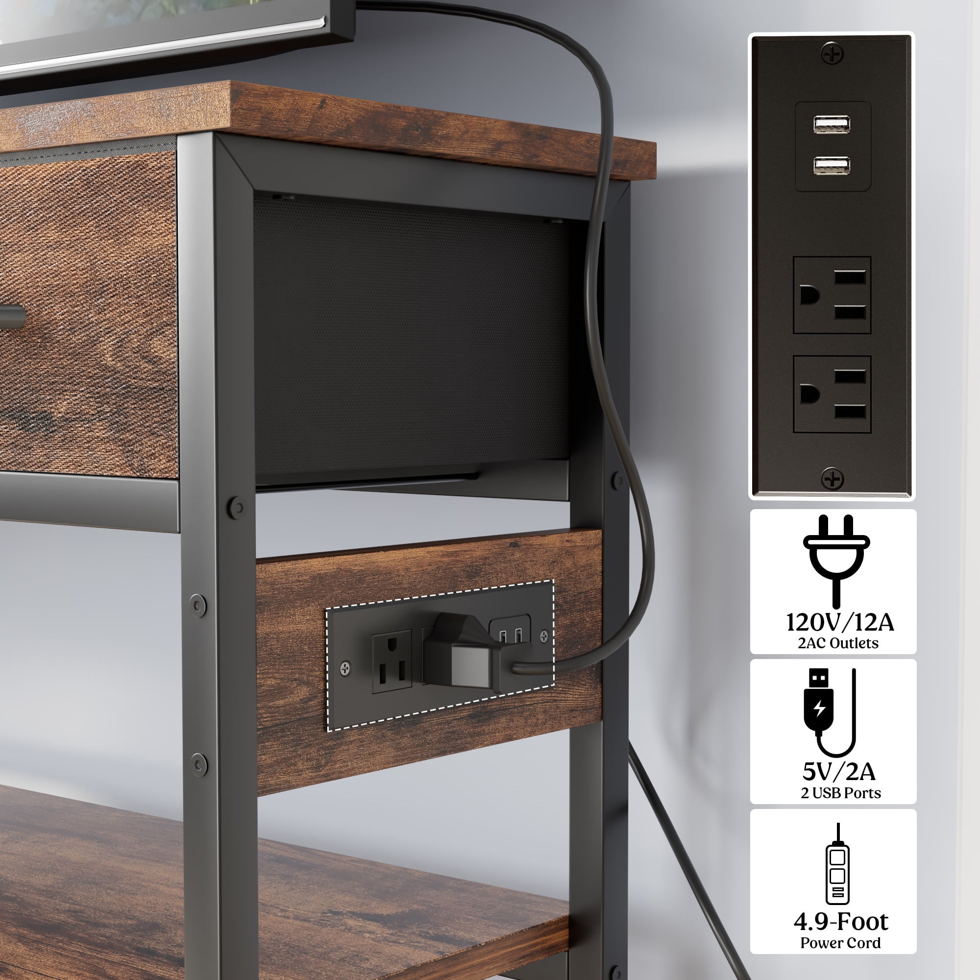 Aufeile 43" Narrow Console Table, Entryway Table with 3 Drawers and Outlets, Fabirc Sofa Table with Open Shelves for Couch, Hallway, Foyer, Living Room, Brown