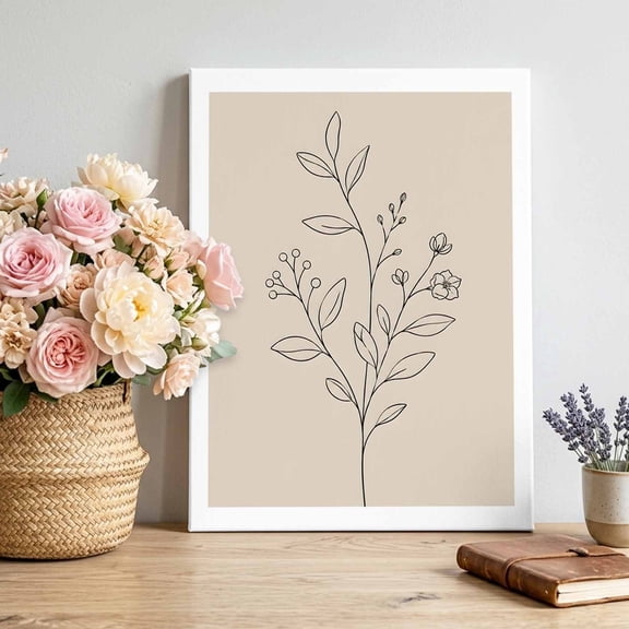 Minimalist Floral Canvas Wall Art, Modern Black Flower Line Art Botanical Beige Framed Canvas Wall Decor Picture Print Artwork Decorations for Living Room Office Ready to Hang 30" x 20"