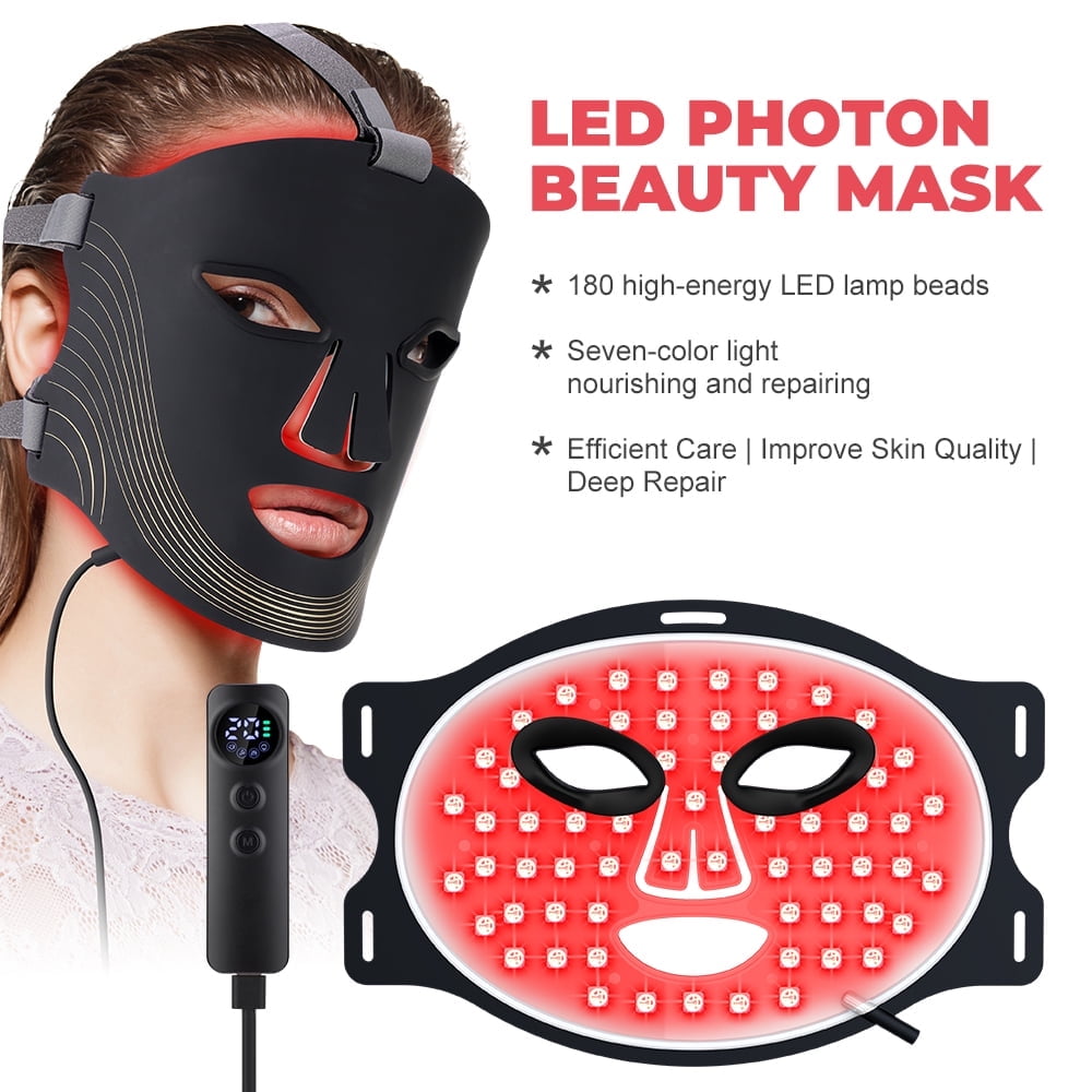 SUWU Led Face Mask Red Light Therapy Mask for Face, 7 Colors LED Facial Skin Care Mask with Remote, 3 Light Modes - Eye Protection - Timing Function - Portable Skincare Device Home Use 180 LED Beads