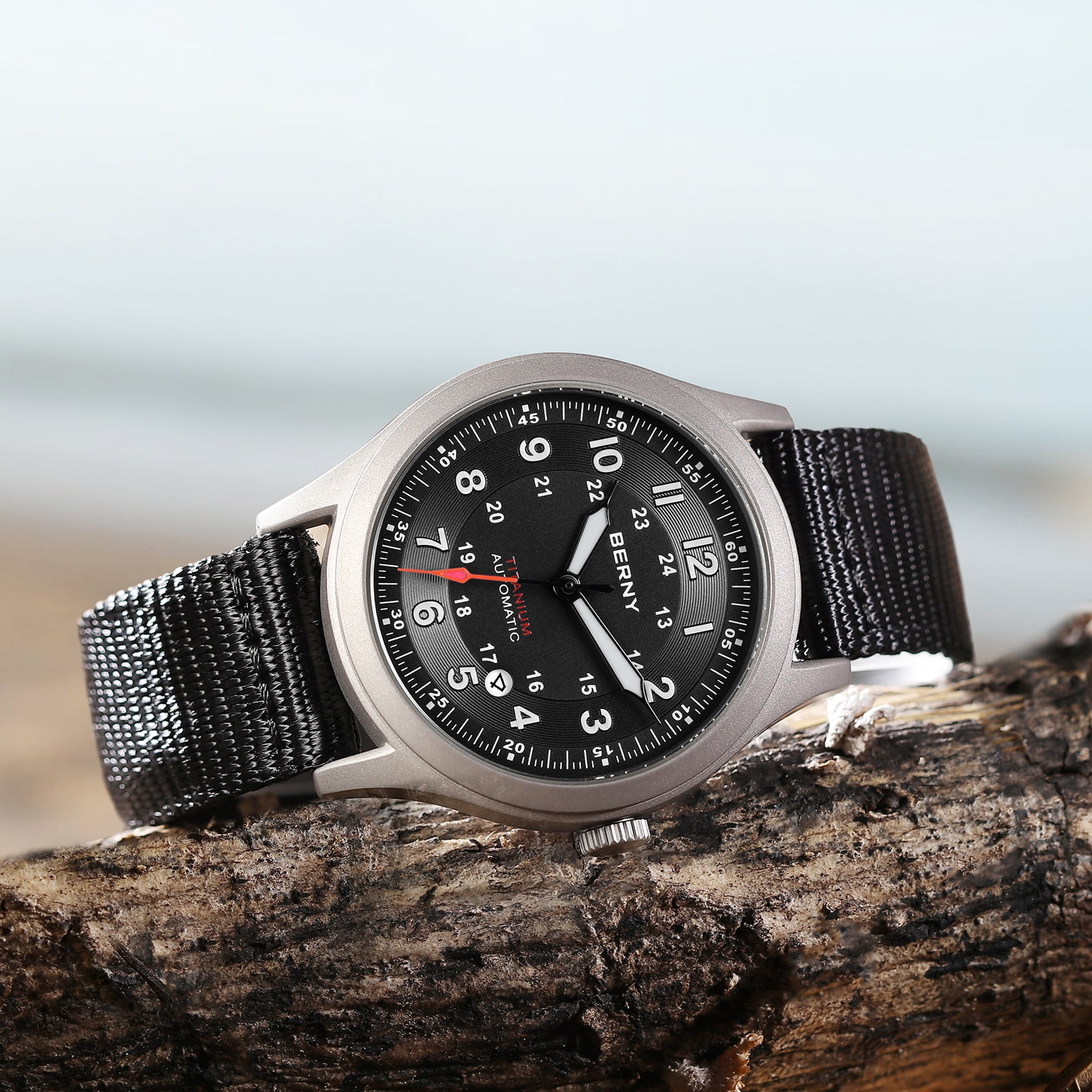 BERNY Automatic Watches for Men Military Sport Nylon Strap Titanium Field Watch with Date Sapphire Crystal Luminous Analog Mechanical Watch 100M Waterproof Army Tactical Casual Wristwatch (Black)