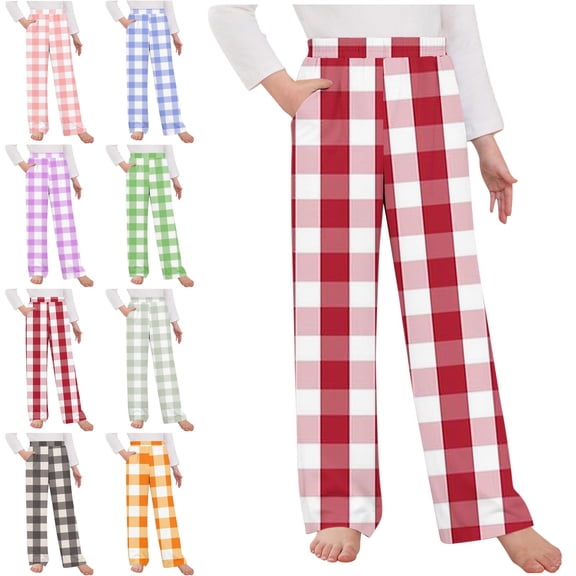 Crunowin Boys And Girls Kids Plaid Lounge Pants Cotton Blend Elastic Waist Side Pockets Relaxed Fit Home & Play Red Size 11