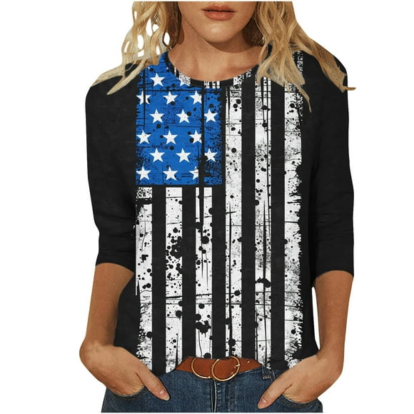 Moxiu July 4 Tshirt Women Star Stripes Shirts 3/4 Sleeve Crewneck Shirt USA American Flag Print Three Quarter Length Patriotic T Shirt 2025 Black,S