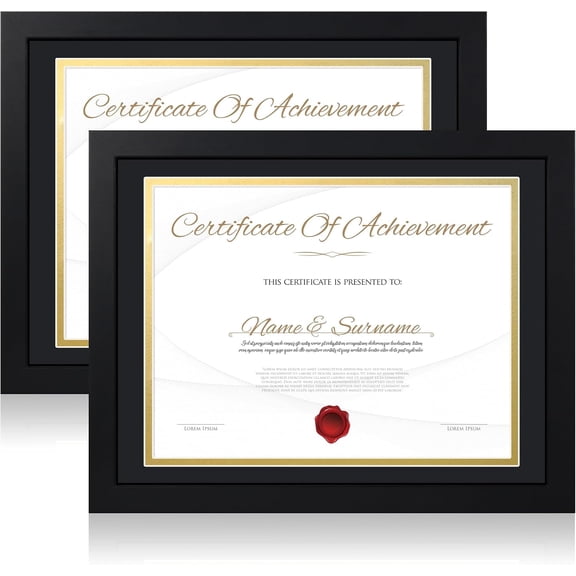 8.5x11 Diploma Frame with Real Glass - Set of 2, Black Over Gold Double Mat Display 8.5 x 11 Document Certificate or 10x13 Pictures without for Tabletop & Wall Mount