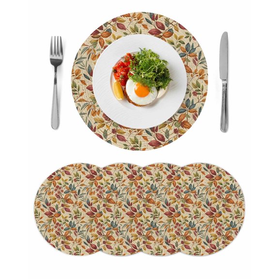 Fall Leaves Round 13 Inch Placemats Set of 4, Farmhouse Beige Botanical Leaf Autumn HeatResistant Non Slip Place Mats for Dining Table, Wipeable Braided Kitchen Table Mats for Housewarming