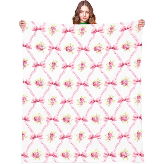 Pink Bow Throw Blanket Coquette Pink Bow Rose Throw Soft Flannel Blankets Cozy Fuzzy Plush Floral Throw Blanket for Couch Bed Chair Holiday Party Gifts
