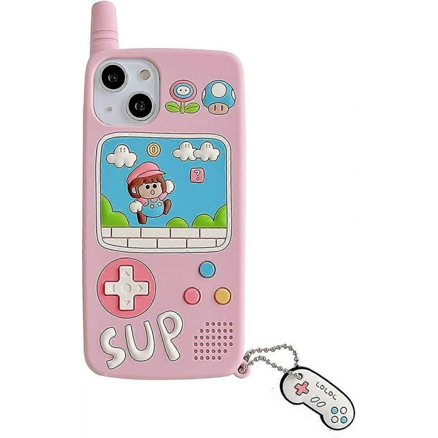Kawaii Phone Case for iPhone 13 Pro Max,Cute Cartoon Retro Phone Case with Keychain Retro Classic Cellular Phone 3D iPhone 13 Pro Max Case Pink Soft S