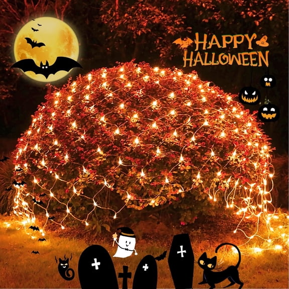 200 LED Orange Net Lights - 9.8ft x 6.6ft Connectable, 8 Modes Remote, IP44 Waterproof, UL588 Low Voltage for Bushes/Doorway