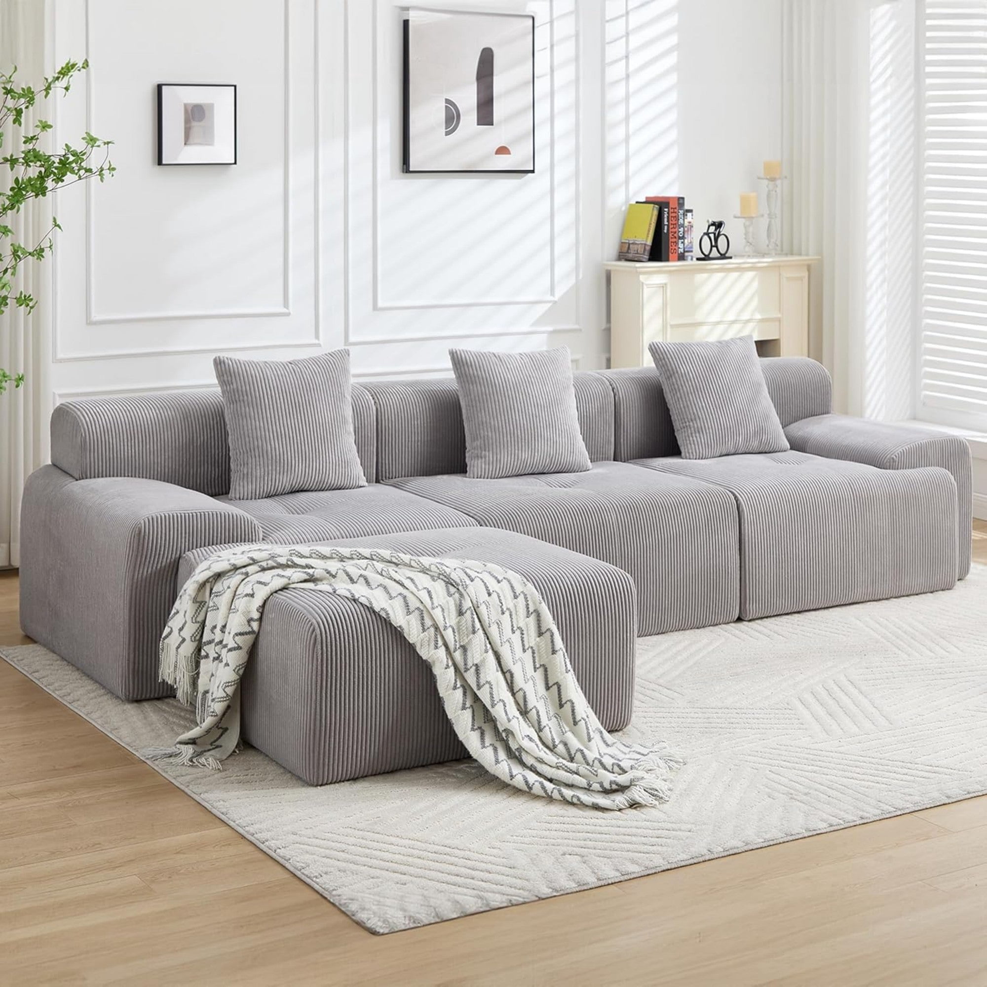 Sailvan 118"" Modern L-Shaped Modular Sectional Sofa, Corduroy Boneless Cloud Couch with Deep Seat and Moveable Ottoman, No Assembly Required