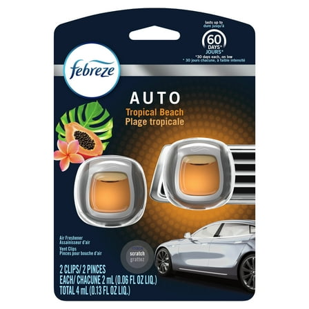 Febreze AUTO Odor-Eliminating Car Freshener Vent Clip Tropical Beach, .06 Oz. Car Vent Clip, Pack of 2