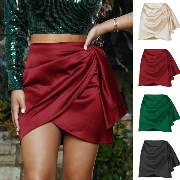 Noyal Wrap Satin Mini Skirt Women Ruffle Silk Skirt High Waist Asymmetrical Pleated Party Clubwear