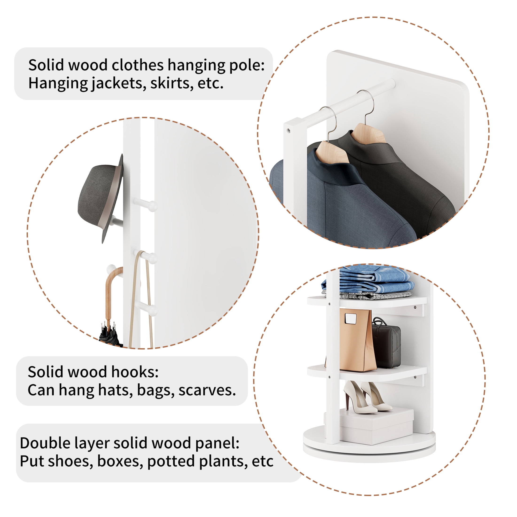 Noble House Gunther 360° Rotating Full-Length Mirror Coat Rack, Solid Rubberwood, for Small Space, Large, White
