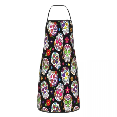 

Unisex Sugar Skulls Flower Apron Kitchen Chef Cooking Baking Bib Men Women Day Of The Dead Tablier Cuisine for Painting