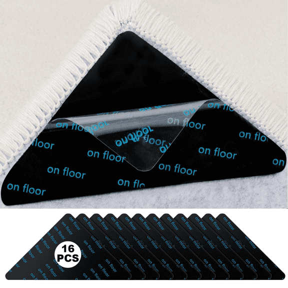 Rug Tape 16PCS Reusable Washable Rug Stoppers to Prevent Sliding, Triangle Carpet Stickers for Area Rugs on Hardwood Floors, Double Sid Adhesive Non-Slip Carpet Tapes Keep Corners Flat