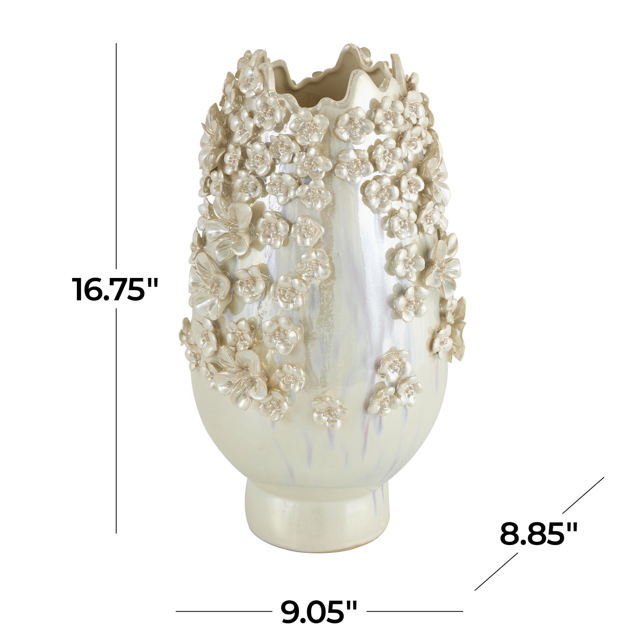 DecMode 17" Floral 3D Cream Ceramic Vase with Iridescent Glaze