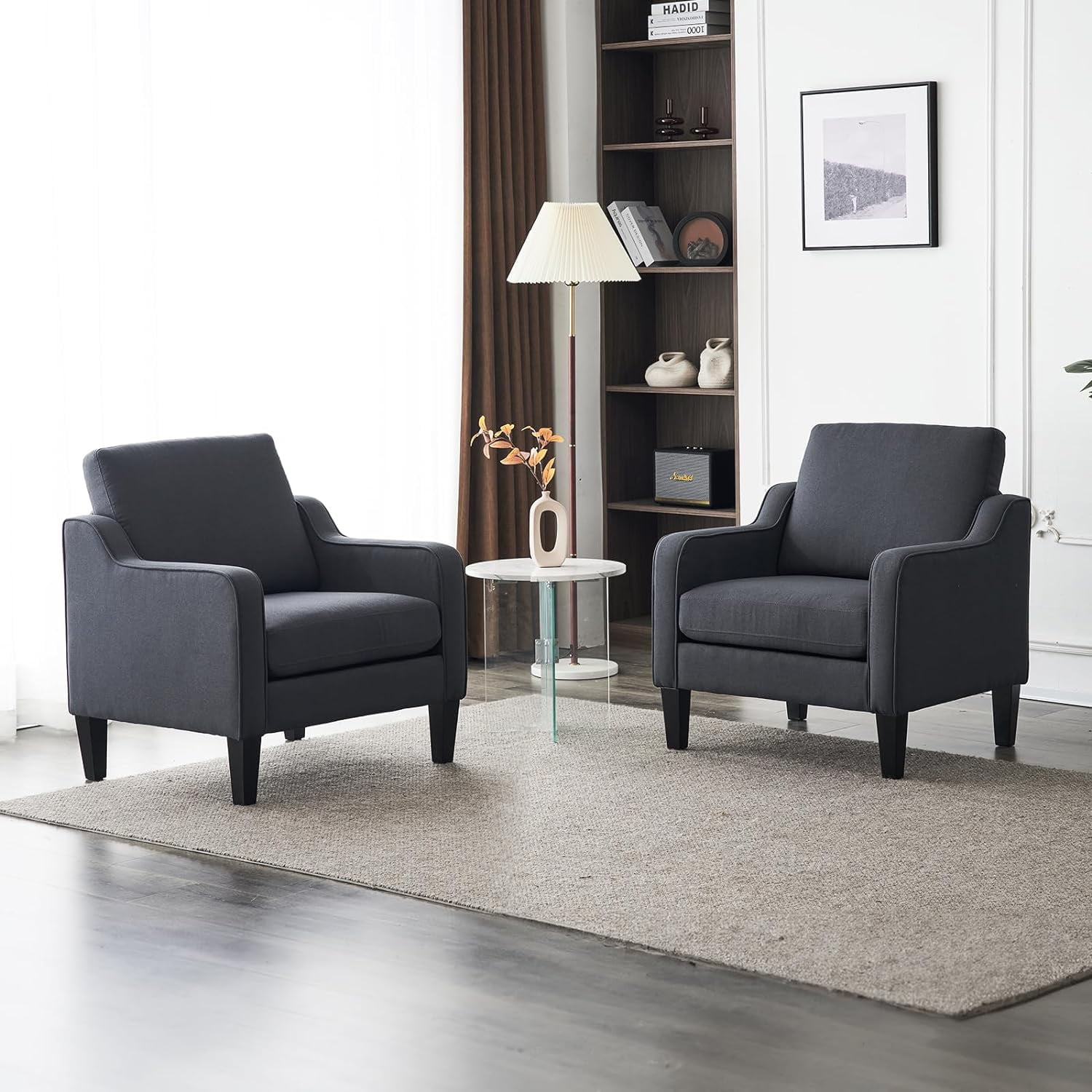 VINGLI Mid-Century Accent Chairs, Upholstered Linen Armchairs for Living Room/Bedroom, Beige (Set of 2)