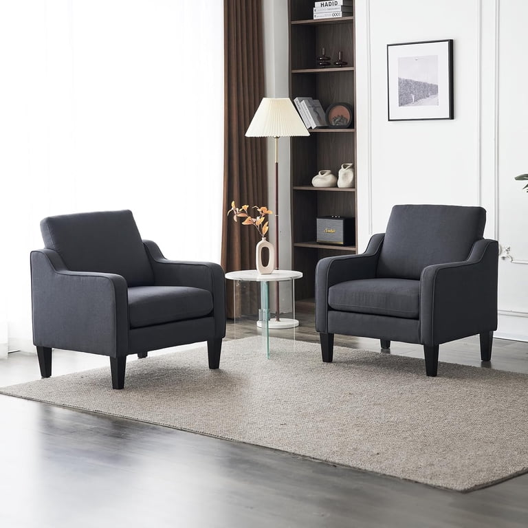 VINGLI Cozy Living Room Chairs Set Of 2 – Linen Dark Gray Mid Century Modern Armchairs, Wood Legs, 330 Lb Capacity