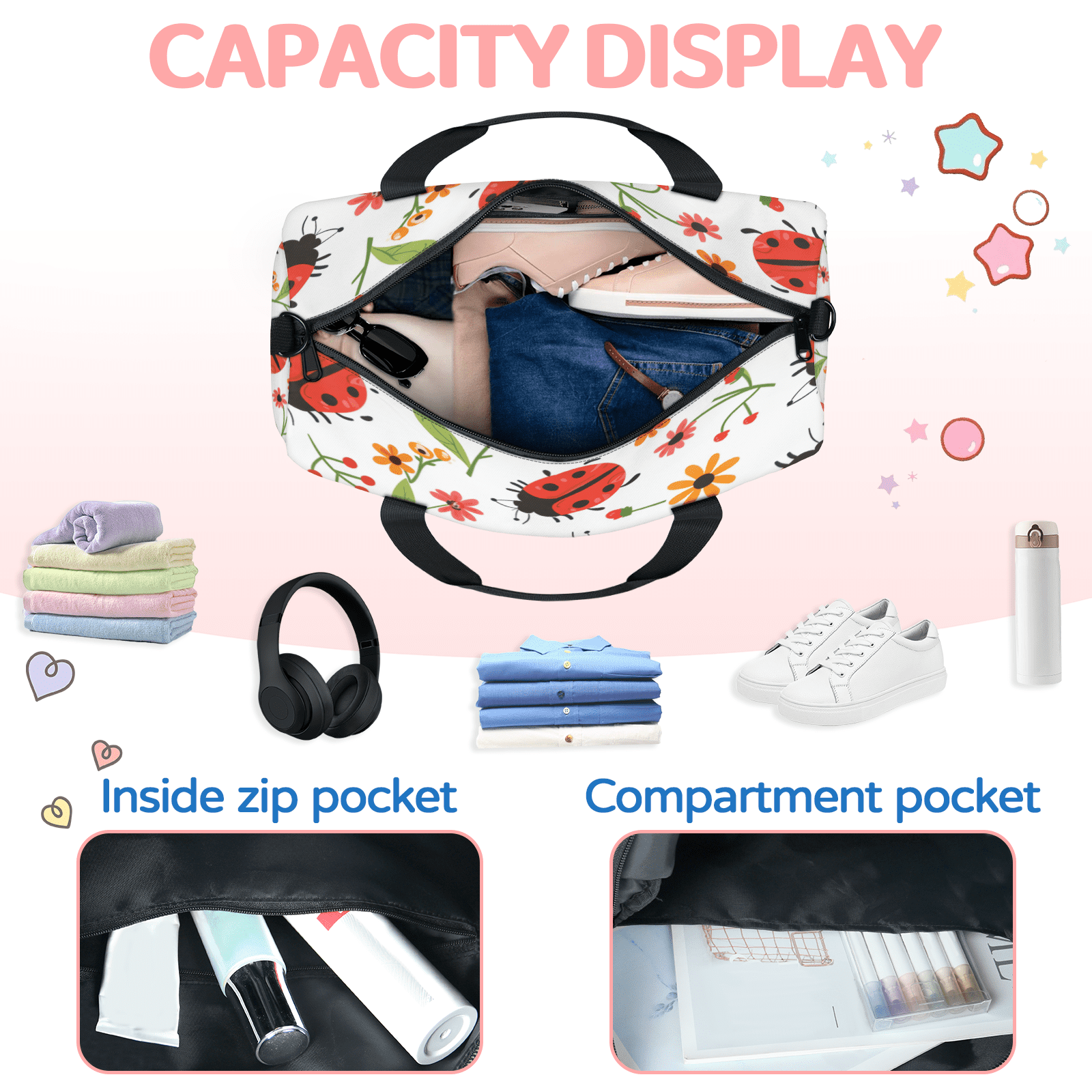 Herdesigns Ladybugs Travel Duffle Bag Sports Yoga Weekender Overnight Carry on Workout Bags Lightweight Waterproof Gym Tote Bag for Women