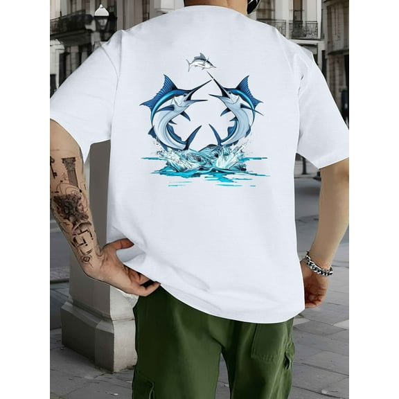 Dynamic Leaping Marlin Fish Design Men'S T-Shirt - Casual Cotton, Round Neck, Summer-Ready, Machine Washable, 180G