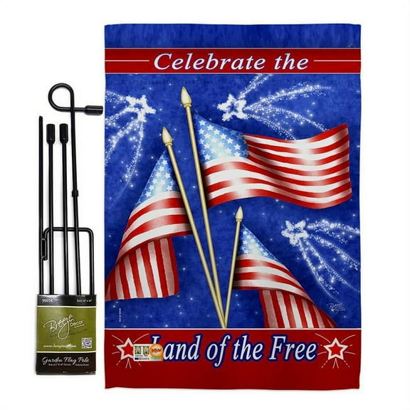 Breeze Decor BD-FJ-GS-111057-IP-BO-D-US12-AL 13 x 18.5 in. Celebrate Freedom Americana Fourth of July Vertical Double Sided Mini Garden Flag Set with Banner Pole