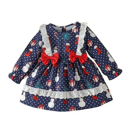 

Girls Summer Dress Toddler Girls Ruffles Long Sleeve Christmas Cartoon Snowman Prints Dress Bowknot Dresses Clothes Little Girls Party Wedding Formal Dresses Blue 3Y