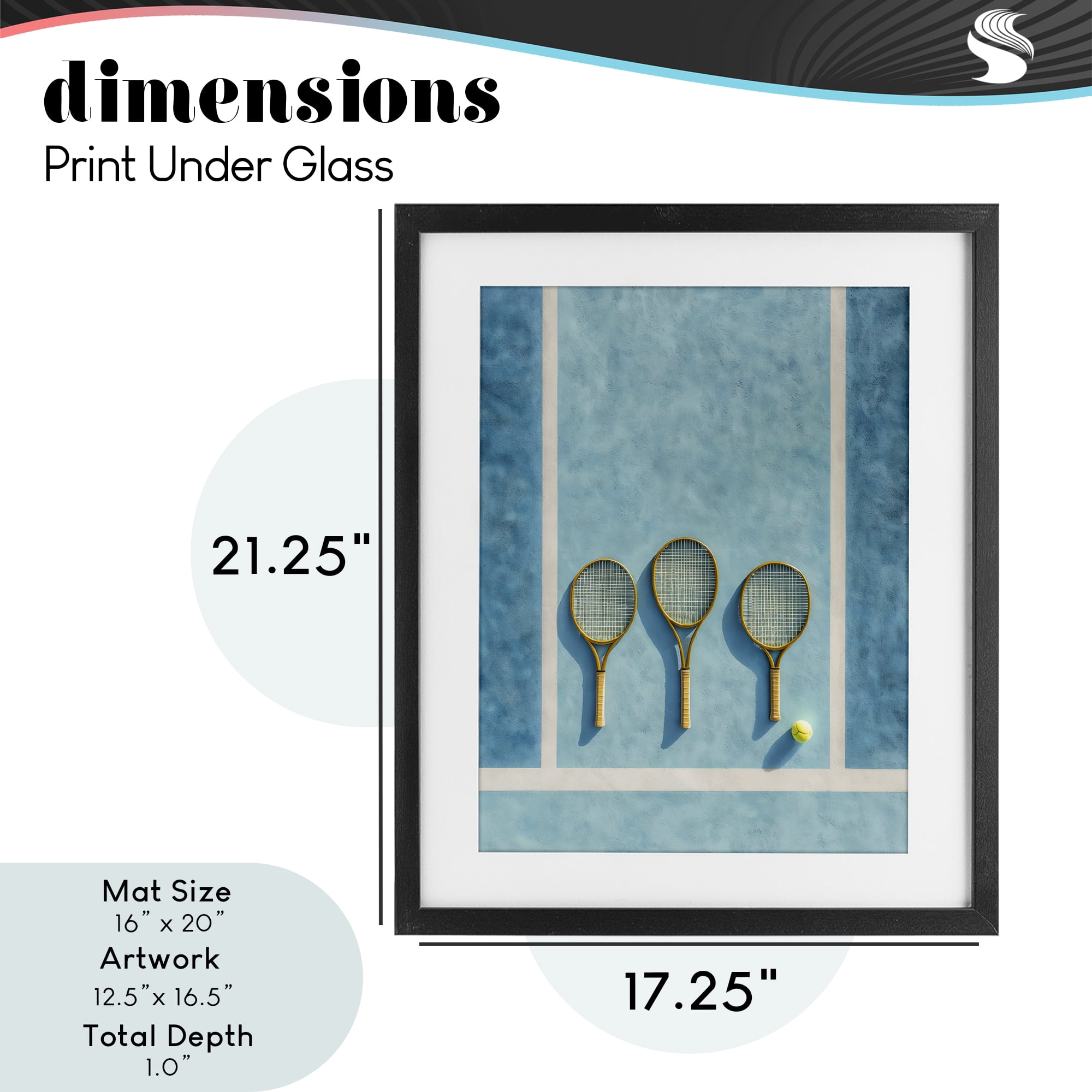 Tennis Racket Trio Black Framed Print Under Glass, design by Franklyn Gregory
