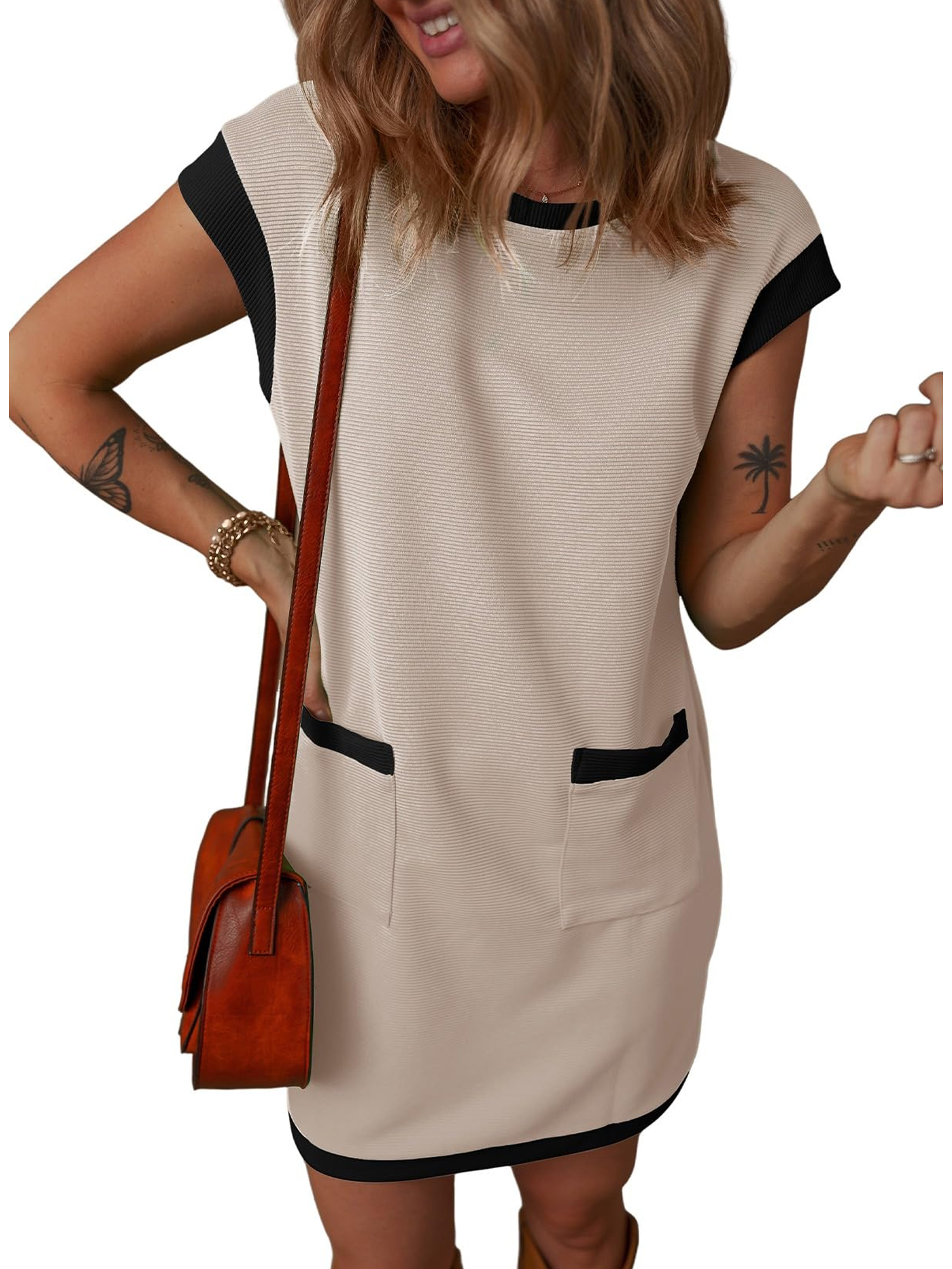 SHIBEVER Womens Casual Summer Dresses Fashion Cap Sleeve Color Block Crewneck Tshirt Mini Dress for Womens Clothes Midi Dress with Pockets Ribbed Sundress T shirts Dresses