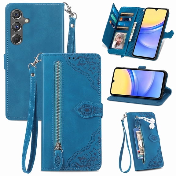 Phone Case for Samsung Galaxy A15 5G, Shockproof PU Leather Wallet Case with Card Slots Anti-Scratch Stand Magnetic Flip Zipper Pocket Cover for Samsung Galaxy A15 5G, Blue