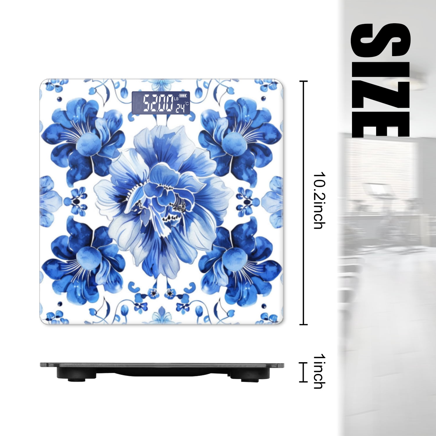 High Precision Body Weight Scale Smart Bathroom Scales with Large LCD Display(400lbs),Decorative for Bedroom-Blue And White Porcelain Pattern With Flowers