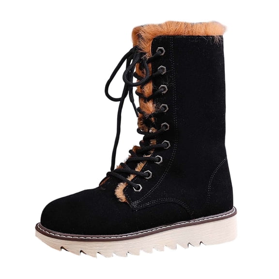 ibiyuan Snow Boots For Women Mid Calf Winter Overseas Trade Plus Size Lined Lace Up Mid Calf Boots,Black