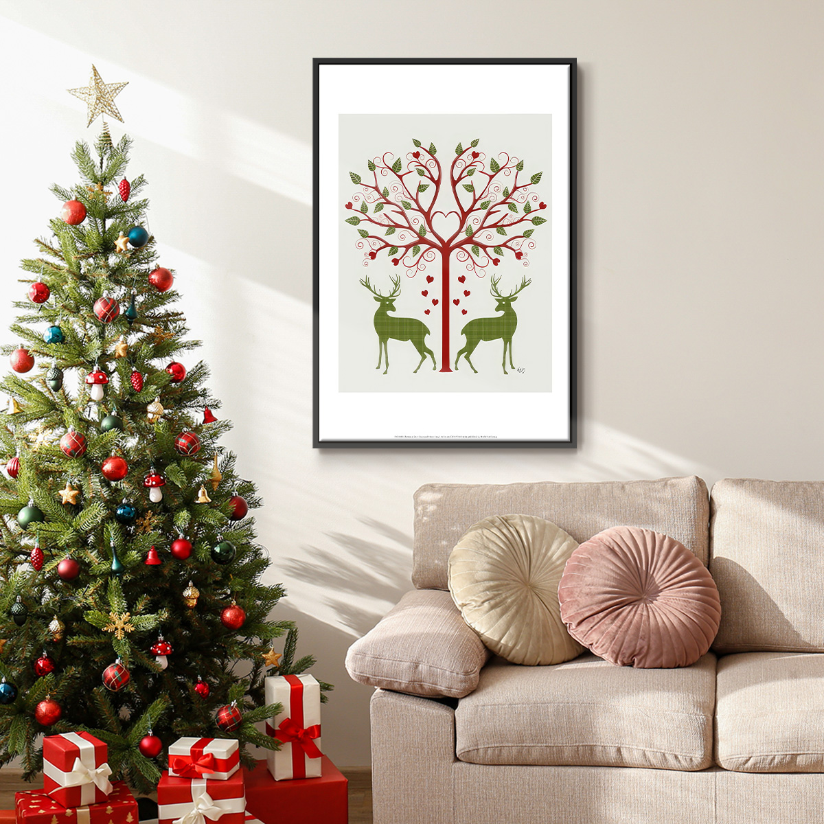Christmas Des - Deer and Heart Tree, On Cream - Framed Gallery Wrapped Holiday Canvas - 27 x 41 - Black Frame