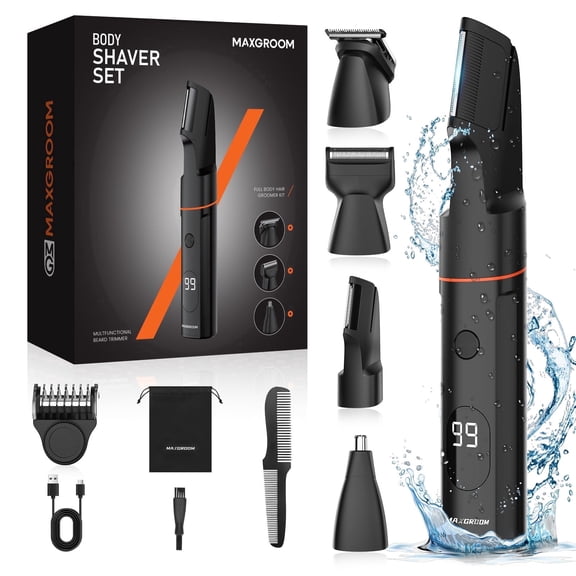 Manscape Body Hair Trimmer for Men, Waterproof Pubic, Groin & Ball Shaver, 4 in 1 V-Shaped No-Nick Mens Electric Grooming Kit with LED Display, USB Rechargeable, Adjustable Guide Comb