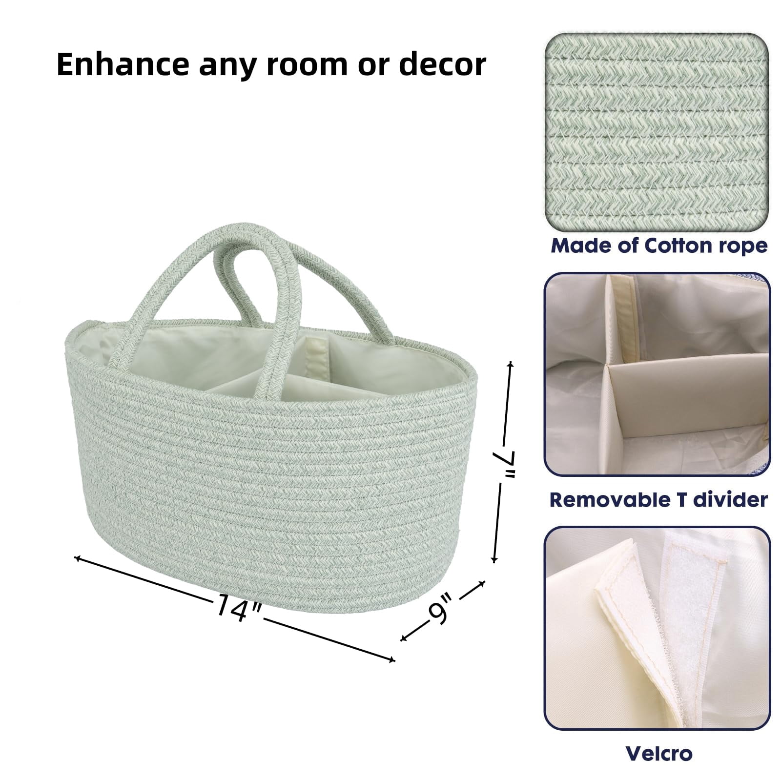 JUNBOLE Diaper Caddy Organizer Cotton Rope Baby Basket Nursery Storage and Portable Tote Bag for Car Ideal Baby Shower Gifts and Registry Must-Have for Newborn Essentials light green