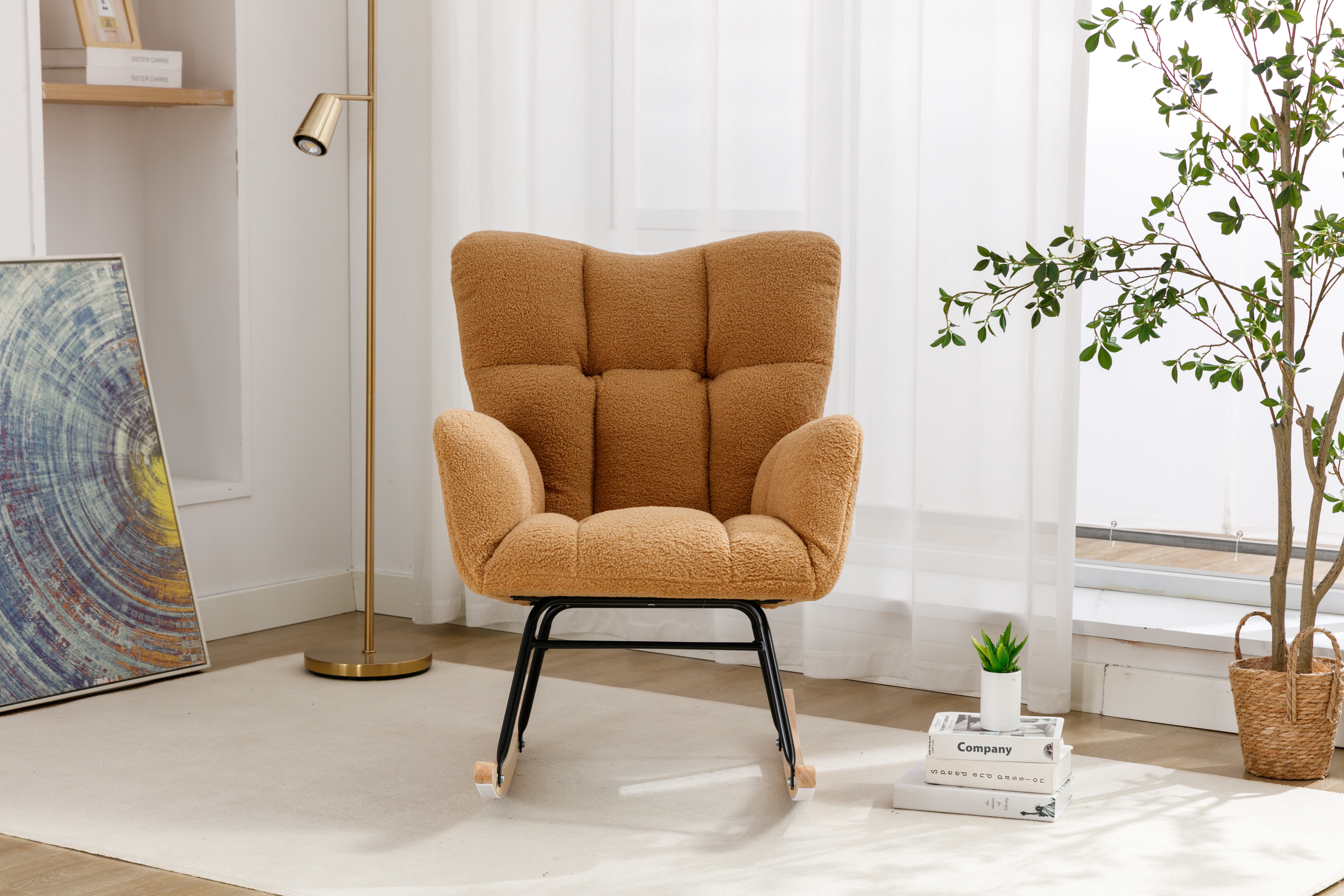 FFZ Teddy Fabric Rocking Glider Nursery Chair For Living Room Indoor Khaki