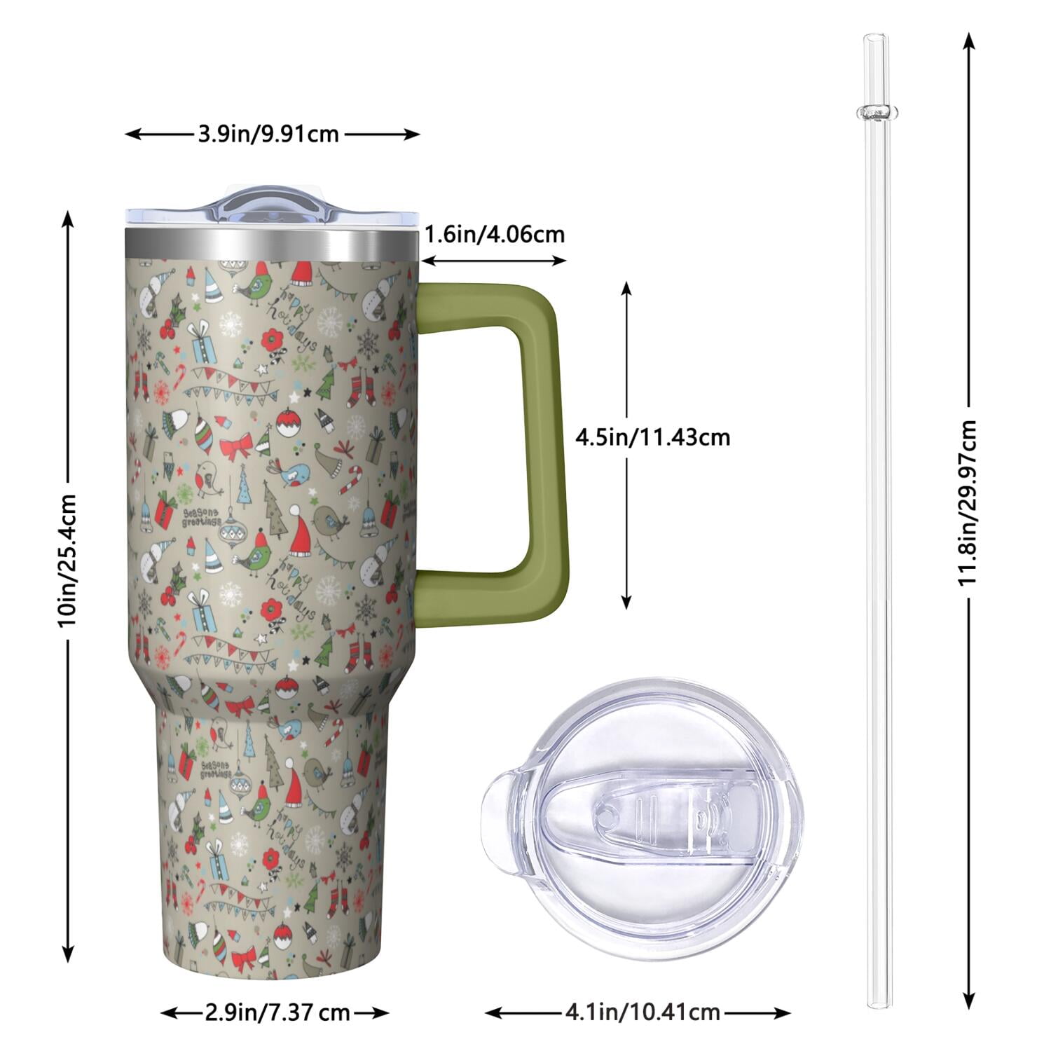 Gray Christmas Icon Pattern Tumbler with Handle and Lid,40oz Double Wall Vacuum Insulated Tumbler,Cups Gift for Women and Men