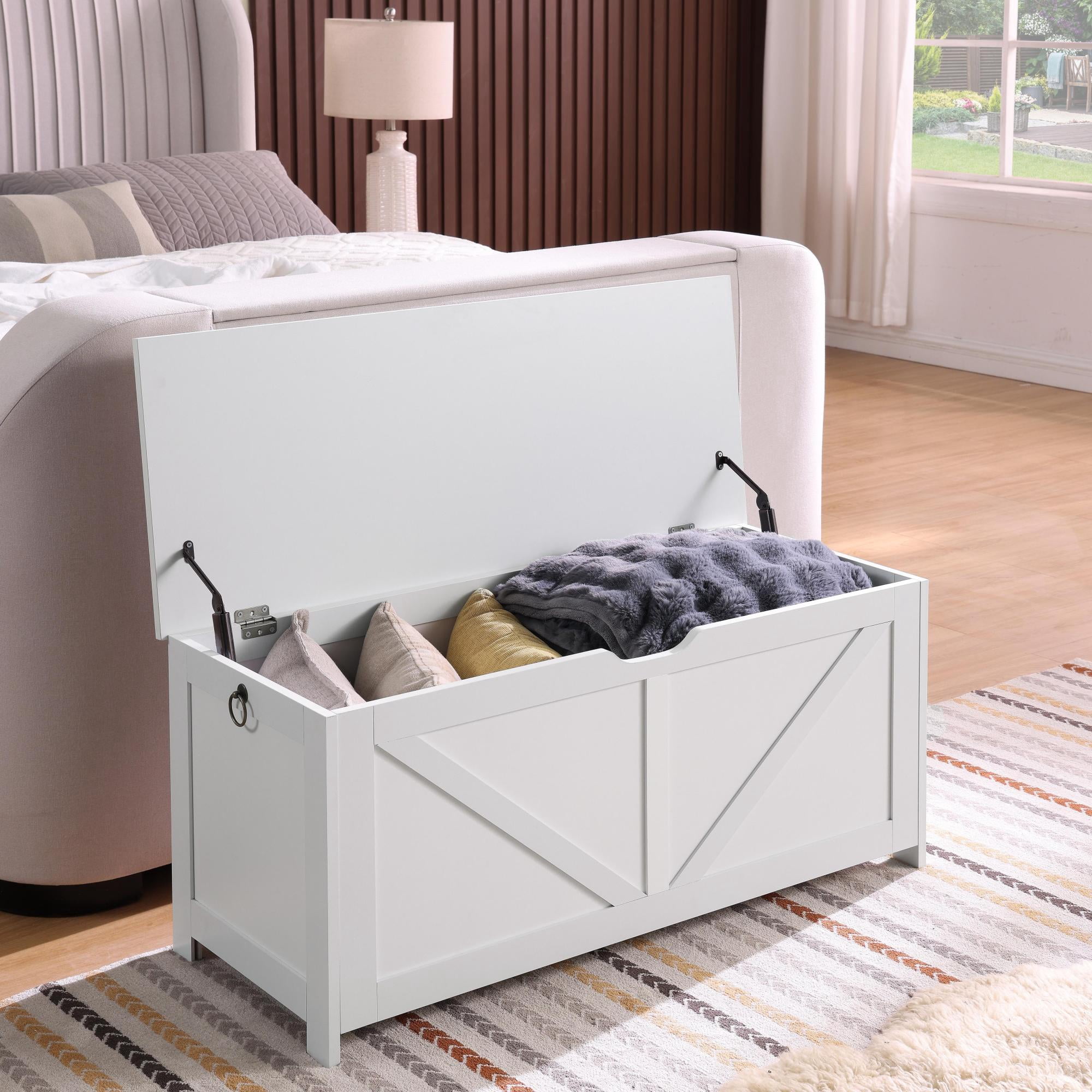 39.4" Storage Ottoman Bench,Storage Chest,Wooden Toy Box Organizer,Entryway Storage Bench with Safety Hinge for Entryway, Bedroom, Living Room,White