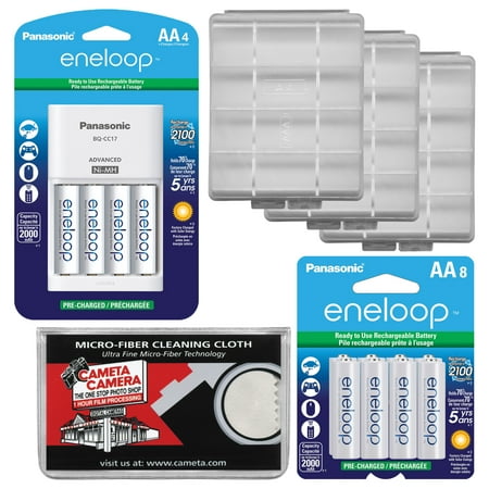 Eneloop Charger Panasonic eneloop (8) AA 2000mAh Pre-Charged NiMH Rechargeable Batteries + Charger with 2 AA Battery Case Kit for Digital Cameras and Flashes ()